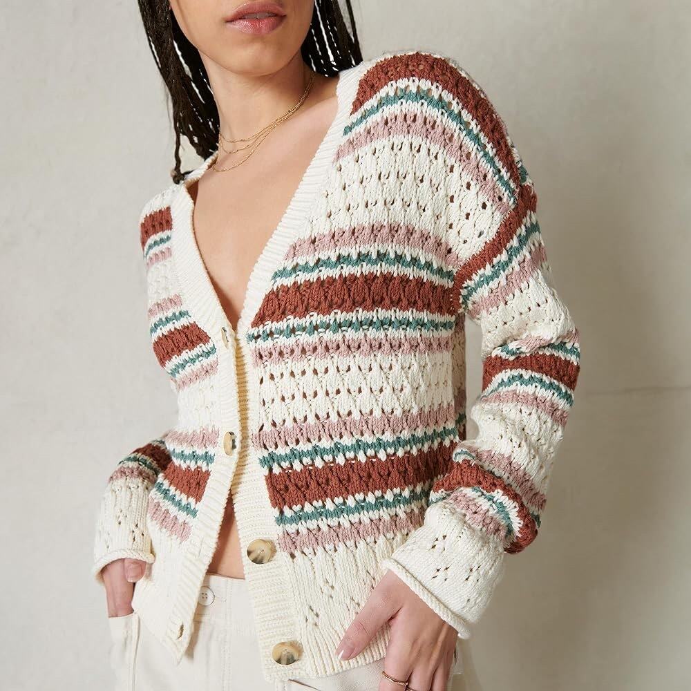 Lucky Brand Striped Crochet Open Knit Cardigan Sweater Size L